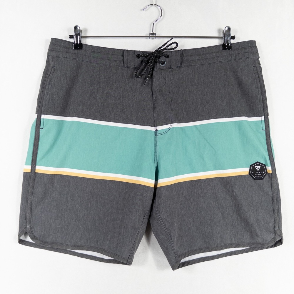 Vissla Board Shorts Mens Sz 38 Gray Stripe Stretch Pockets Unlined Beach Casual